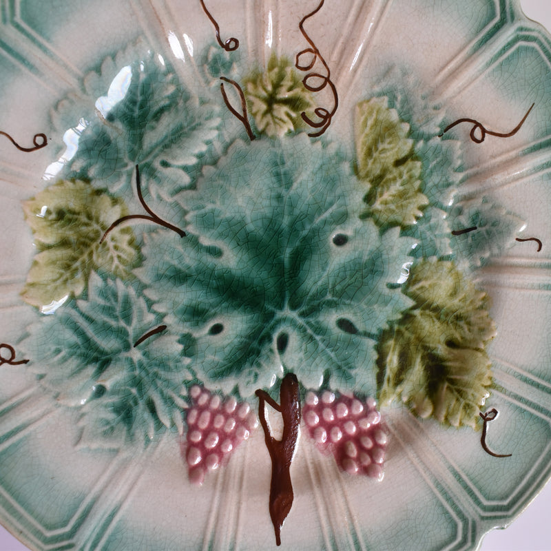 Antique Dessert Plate, Sarreguemines Barbotine "Vignes A"