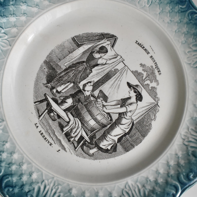 Antique Dessert Plate, Clairefontaine Tableaux Rustiques 1. La Lessive