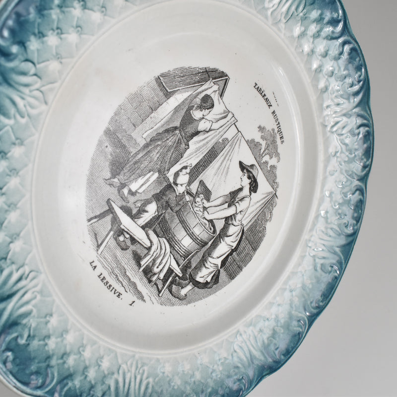 Antique Dessert Plate, Clairefontaine Tableaux Rustiques 1. La Lessive