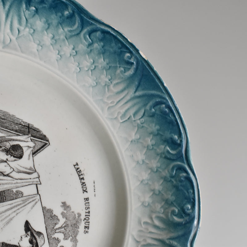 Antique Dessert Plate, Clairefontaine Tableaux Rustiques 1. La Lessive