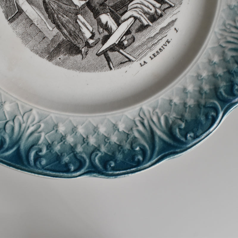 Antique Dessert Plate, Clairefontaine Tableaux Rustiques 1. La Lessive