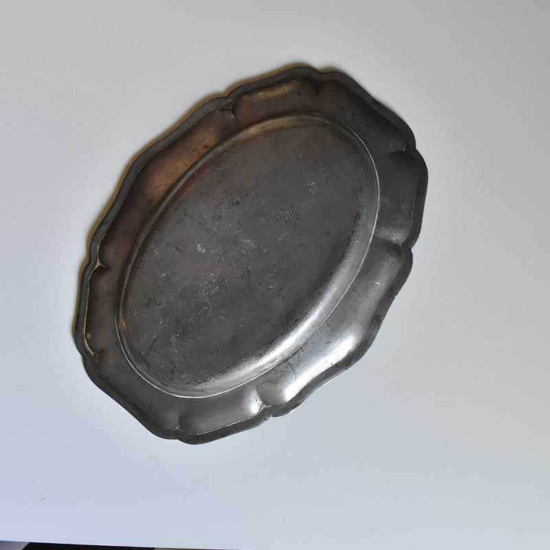 Antique Pewter Oval Flower Rim Plate A