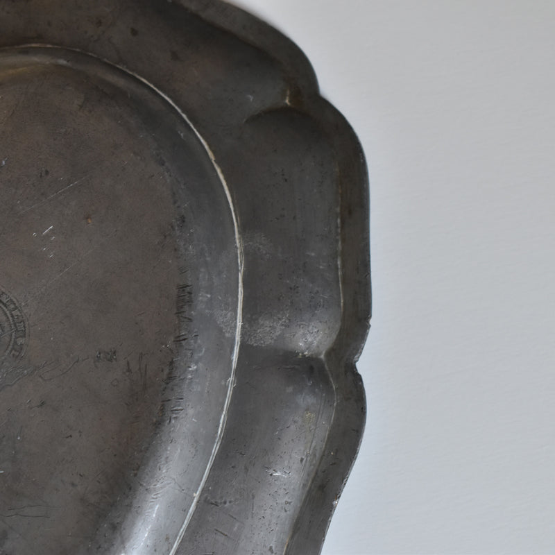 Antique Pewter Oval Flower Rim Plate A