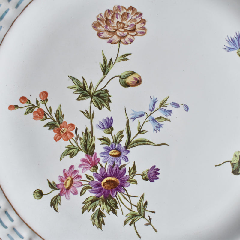 Antique Plate Blue Pannier Relief Fleurs C
