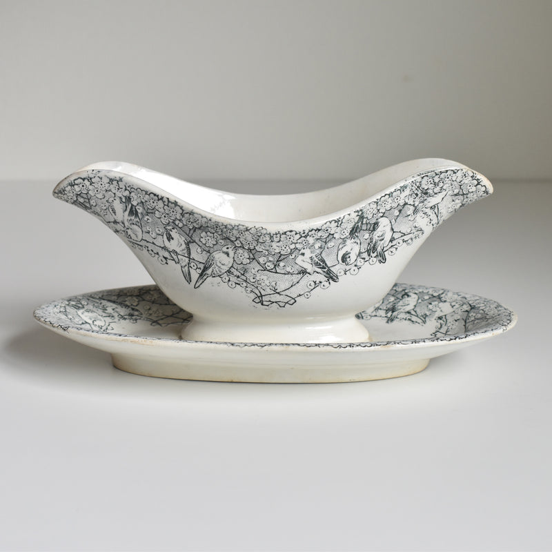 Antique Creil et Montereau Sauce Boat with Finches
