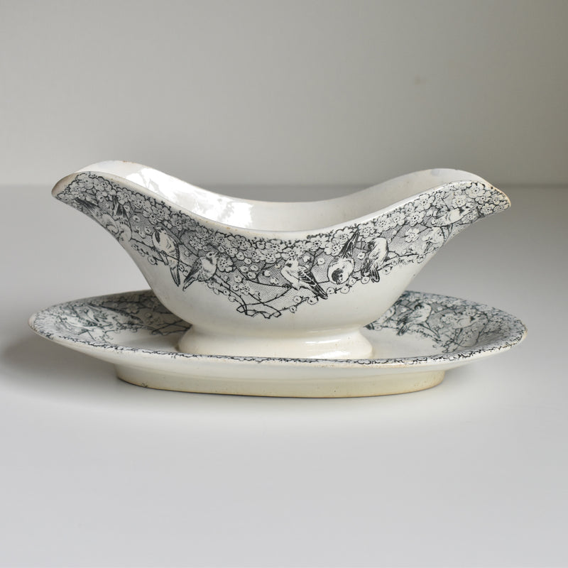 Antique Creil et Montereau Sauce Boat with Finches
