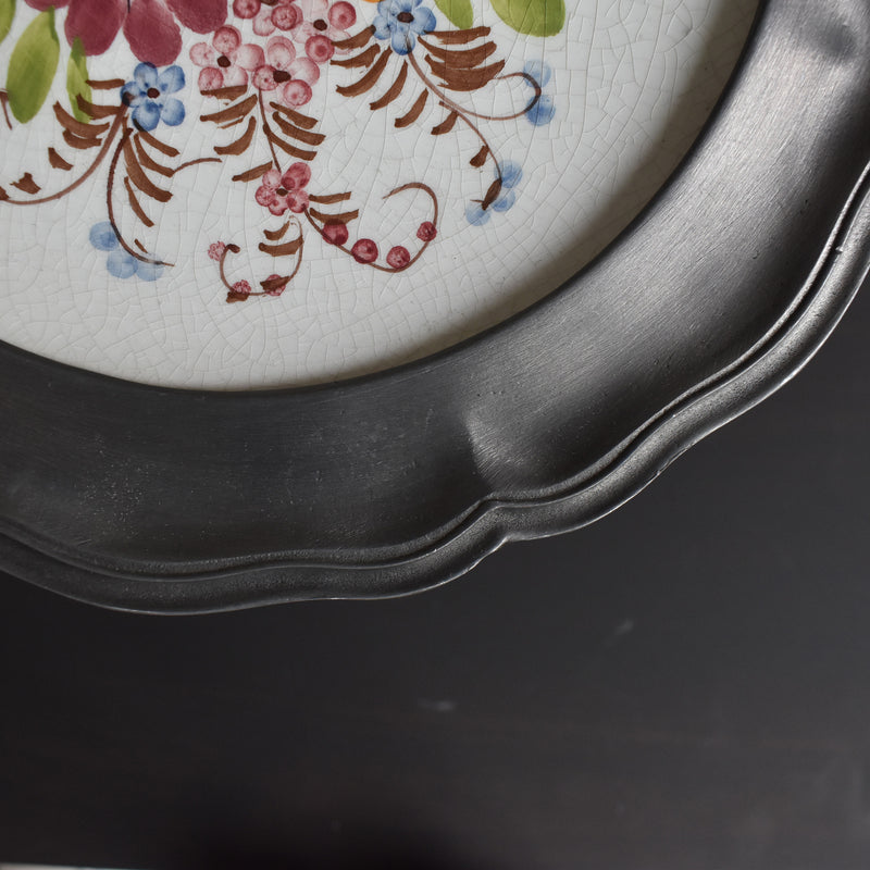 Vintage Pewter and Ceramic Decorative Plate