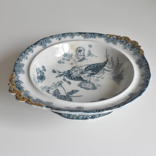 フランス アンティーク エンブレム トランスファー コンポティエ DJB ボルドー コンポティエ ファイアンスフィーヌ 持ち手付き 長角 花