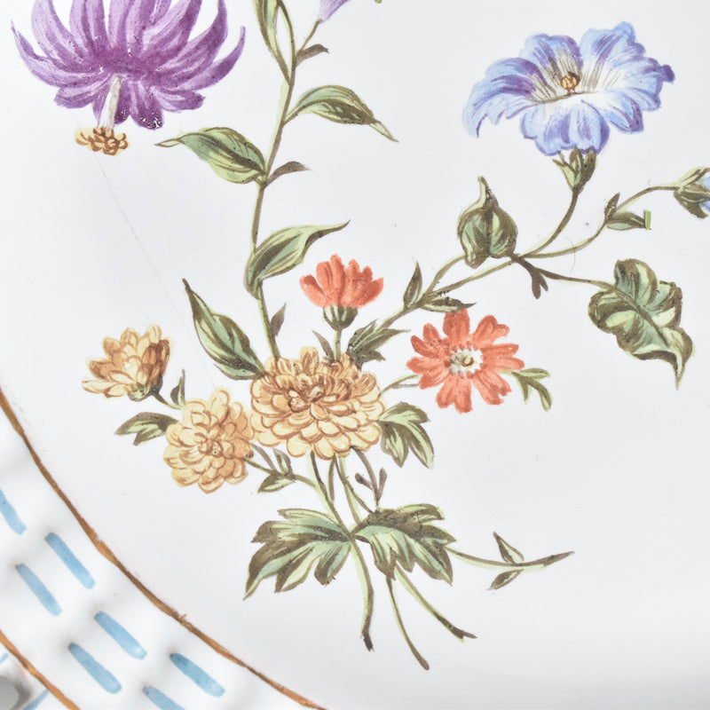 Antique Plate Blue Basket Relief Fleurs