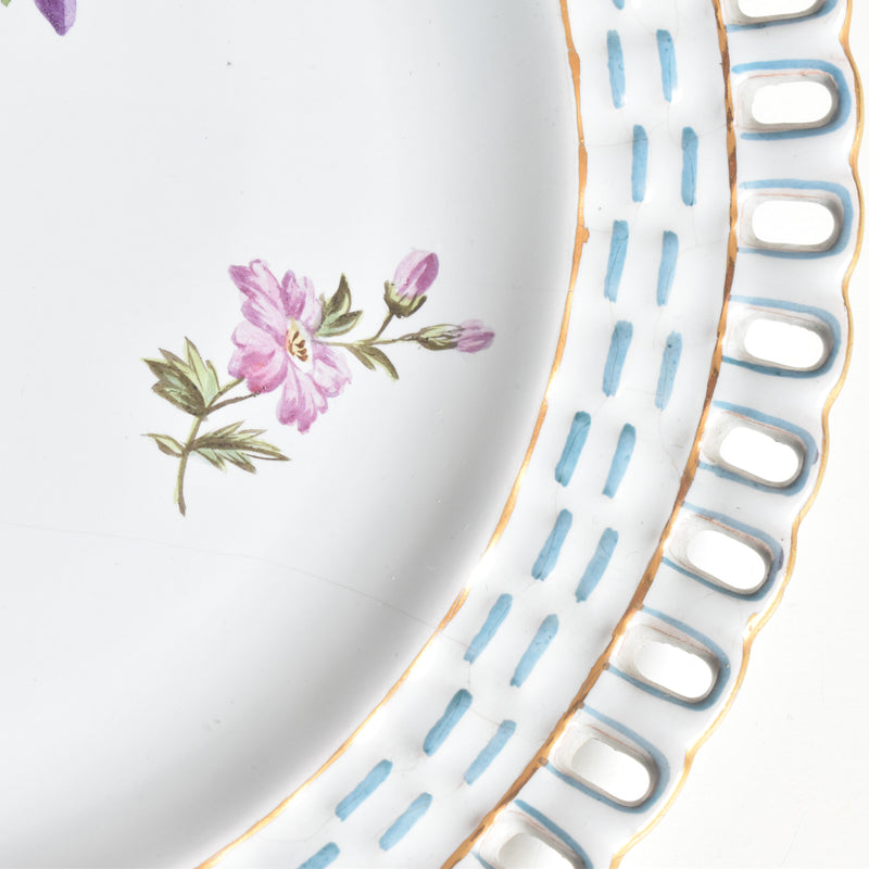 Antique Plate Blue Basket Relief Fleurs