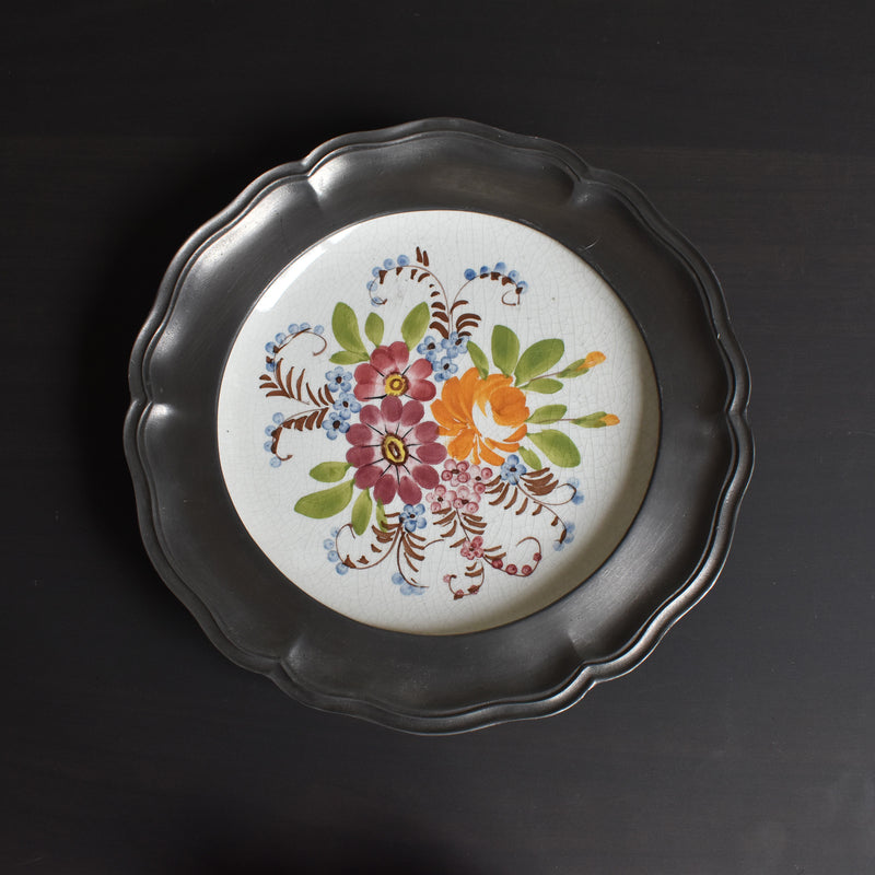 Vintage Pewter and Ceramic Decorative Plate