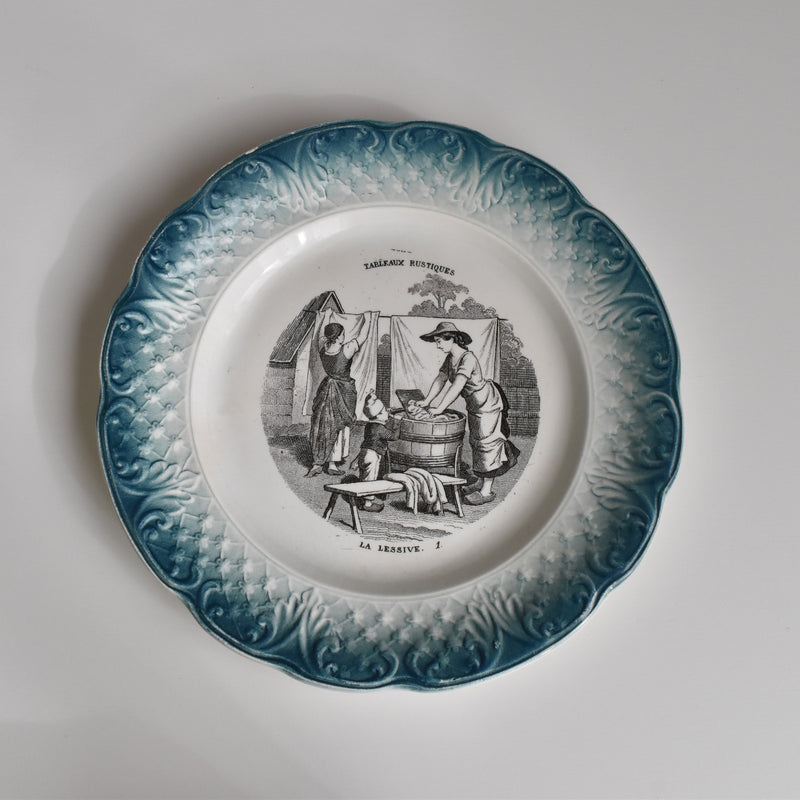 Antique Dessert Plate, Clairefontaine Tableaux Rustiques 1. La Lessive