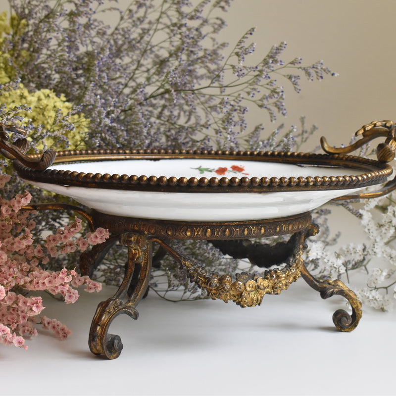 アンティーク真鍮スタンド付き磁器プレート　ニーデルヴィレー　Comte de Custine