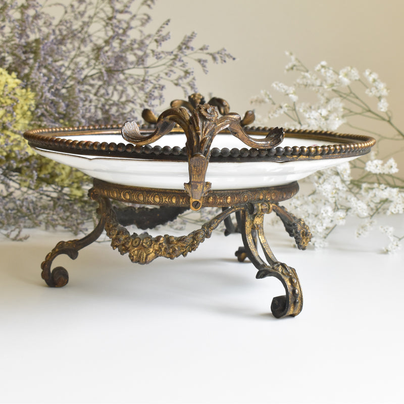 アンティーク真鍮スタンド付き磁器プレート　ニーデルヴィレー　Comte de Custine