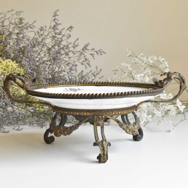 アンティーク真鍮スタンド付き磁器プレート　ニーデルヴィレー　Comte de Custine