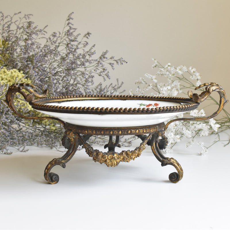 アンティーク真鍮スタンド付き磁器プレート　ニーデルヴィレー　Comte de Custine
