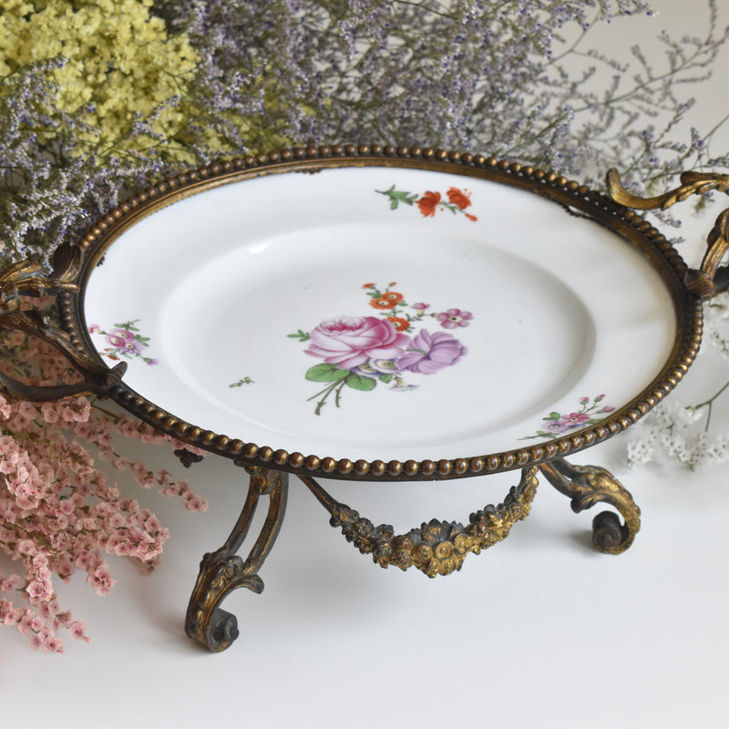アンティーク真鍮スタンド付き磁器プレート　ニーデルヴィレー　Comte de Custine