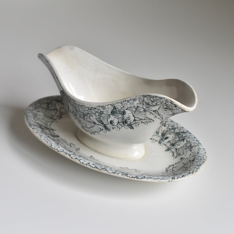 Antique Creil et Montereau Sauce Boat with Finches