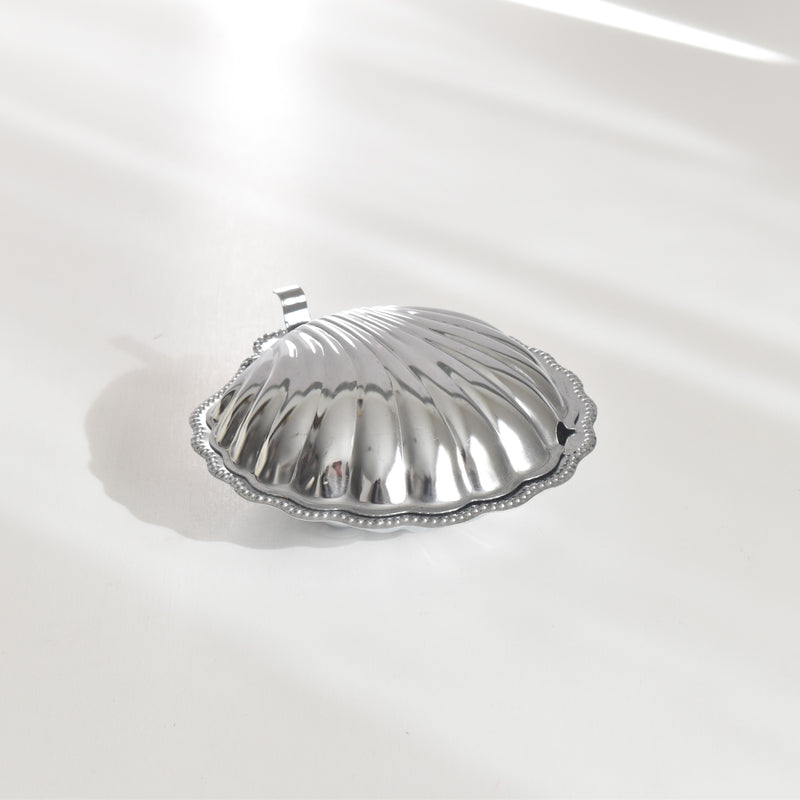 Vintage Stainless Steel and Glass Shell-Shaped Butter Dish
