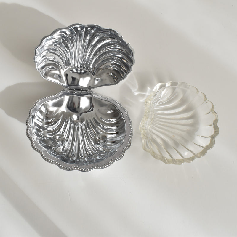 Vintage Stainless Steel and Glass Shell-Shaped Butter Dish