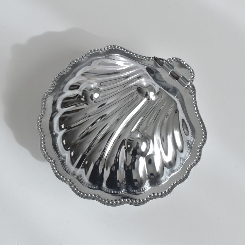 Vintage Stainless Steel and Glass Shell-Shaped Butter Dish