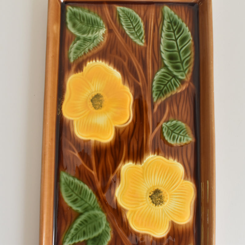 Vintage Cake Plate, Barbotine, Digoin & Sarreguemines, Yellow Flowers