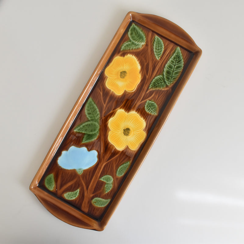 Vintage Cake Plate, Barbotine, Digoin & Sarreguemines, Yellow Flowers