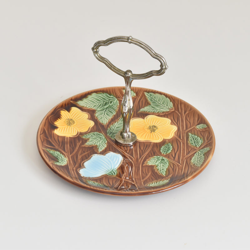 Vintage Plate with Handles Digoin & Sarreguemines Yellow Flower