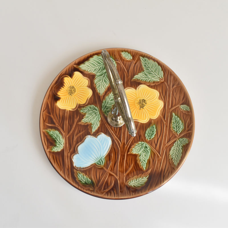 Vintage Plate with Handles Digoin & Sarreguemines Yellow Flower