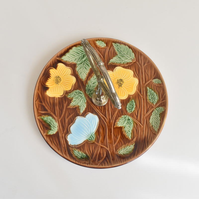 Vintage Plate with Handles Digoin & Sarreguemines Yellow Flower