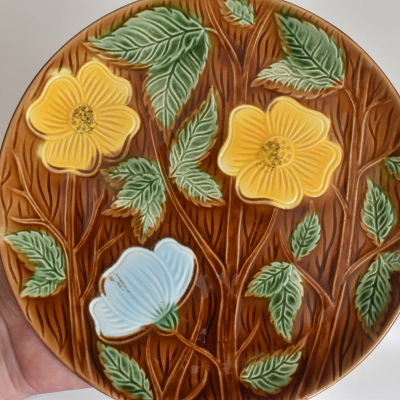 Vintage Dessert Plate Digoin & Sarreguemines Barbotine Yellow Flower