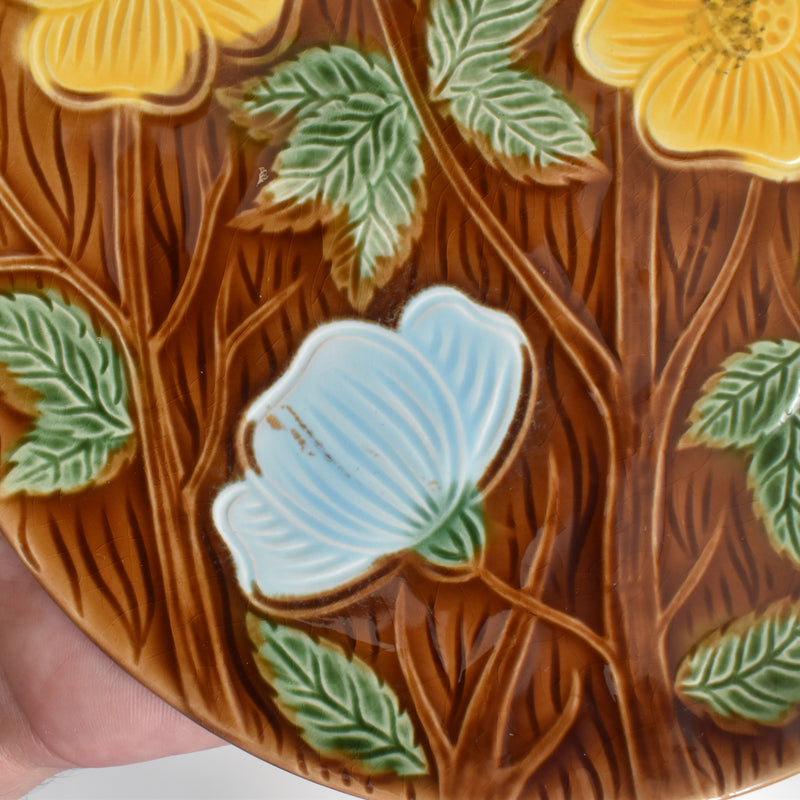Vintage Dessert Plate Digoin & Sarreguemines Barbotine Yellow Flower