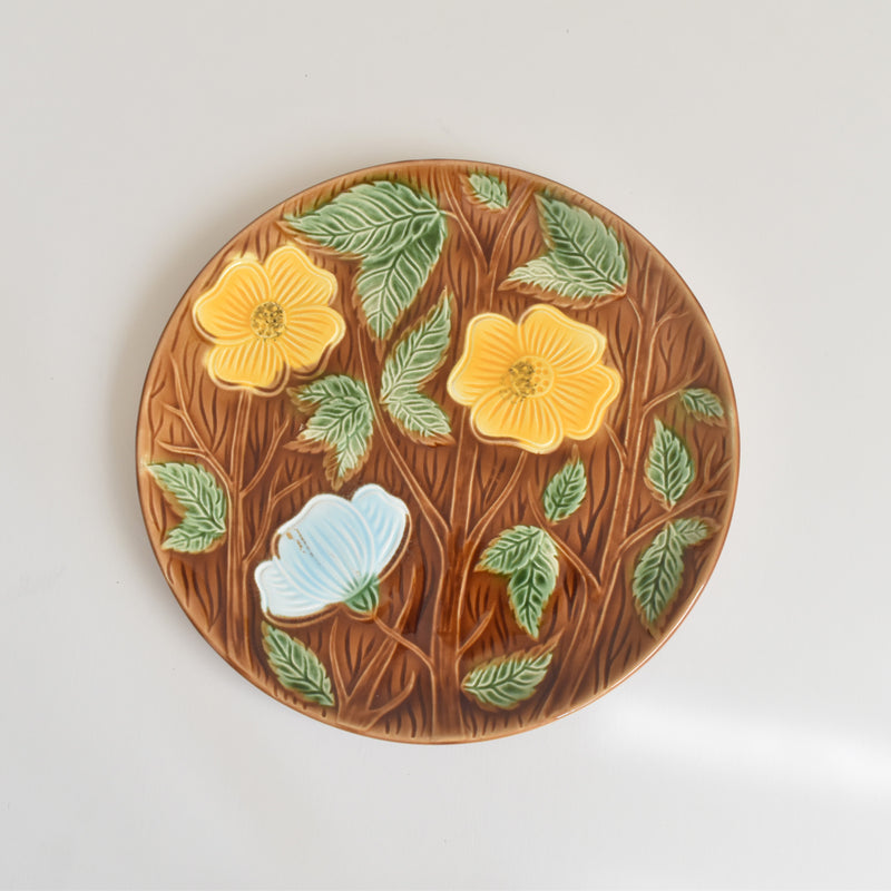Vintage Dessert Plate Digoin & Sarreguemines Barbotine Yellow Flower