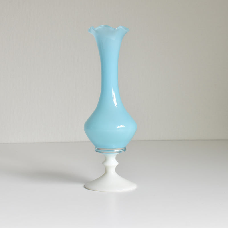 Antique Opaline Flower Vase, White & Blue