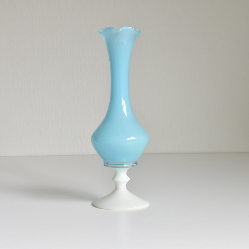 Antique Opaline Flower Vase, White & Blue