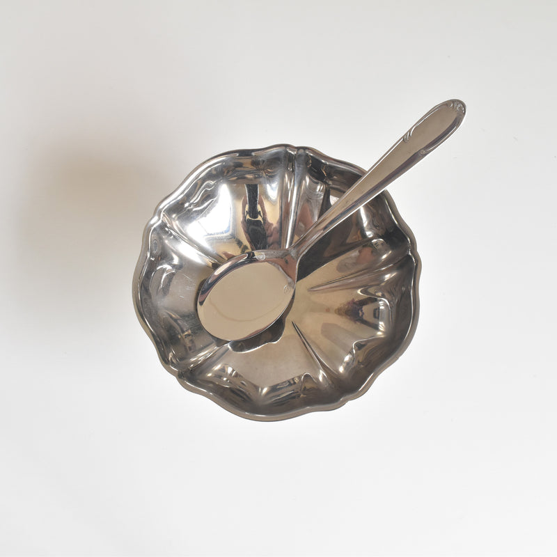 ヴィンテージ ステンレス アイスクリームクープ 花リム スプーン付き（Lサイズ）