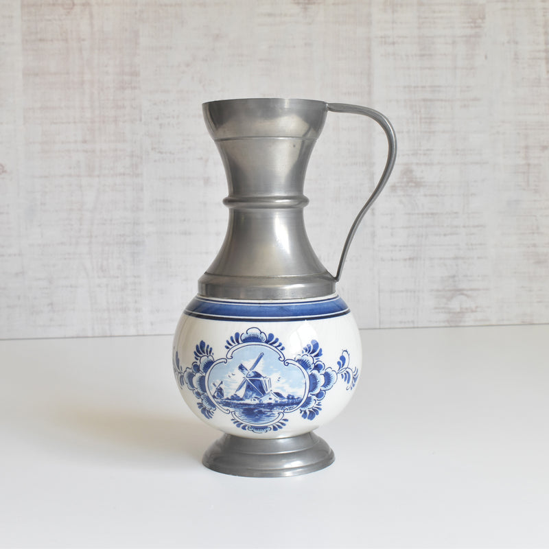 Vintage Pewter & Ceramic Delft Flower Vase