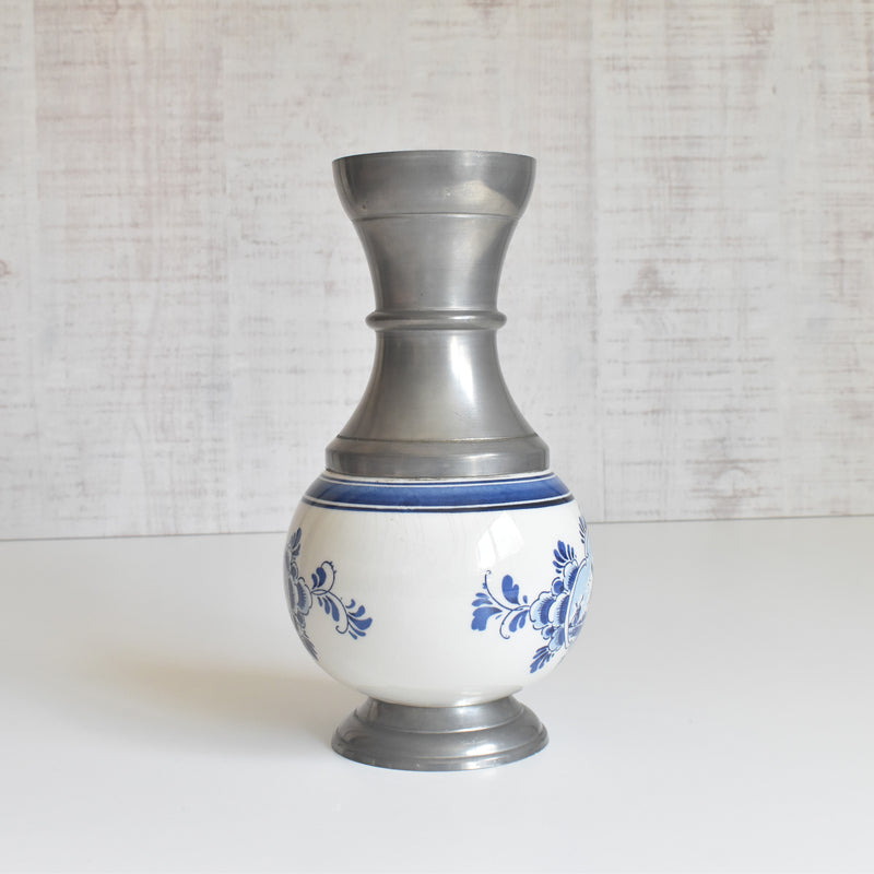 Vintage Pewter & Ceramic Delft Flower Vase
