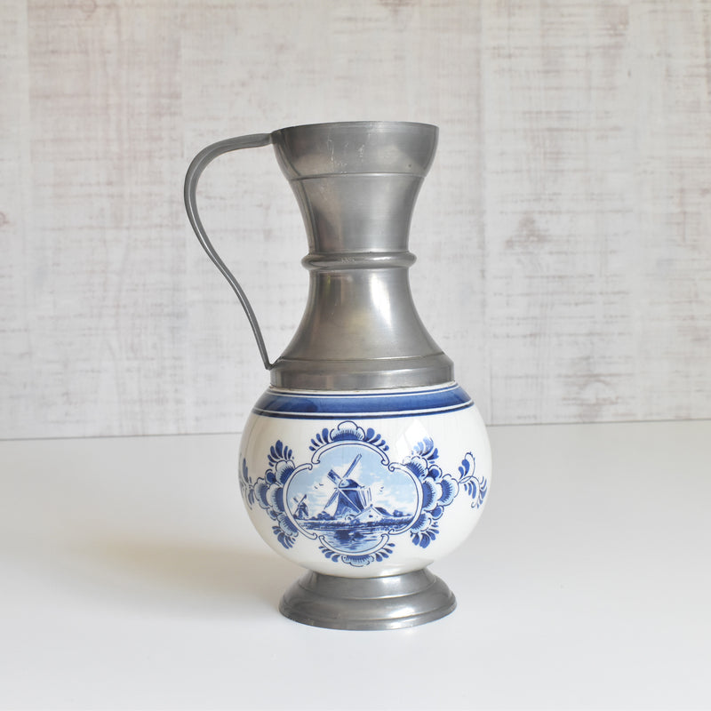 Vintage Pewter & Ceramic Delft Flower Vase