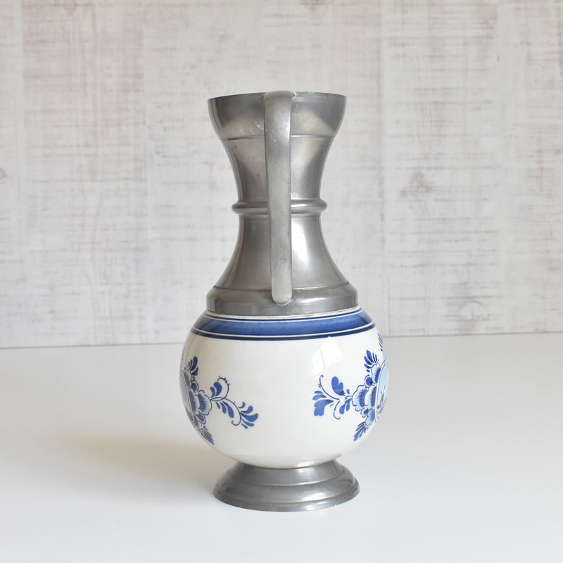 Vintage Pewter & Ceramic Delft Flower Vase