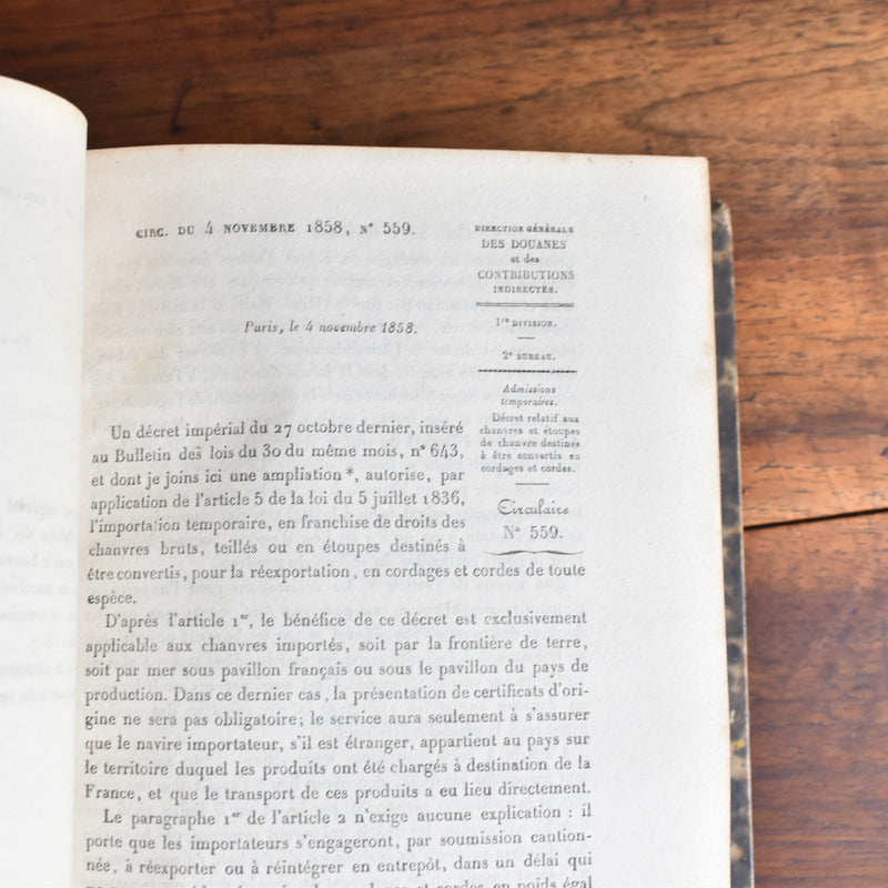 Antique book "Lois et Reglements des douanes"