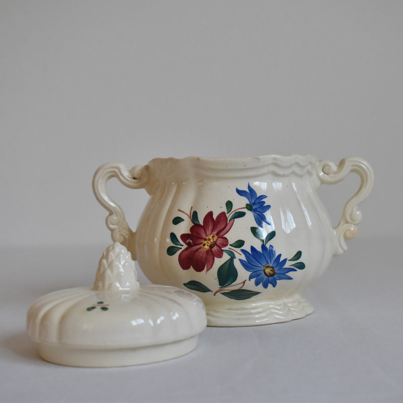 Vintage sugar pot, Digoin & Sarreguemines, "Fleur" floral rim