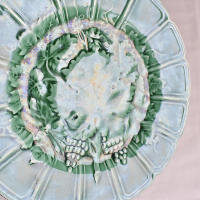 Antique Dessert Plate, Sarreguemines Barbotine "Vigne verte B"