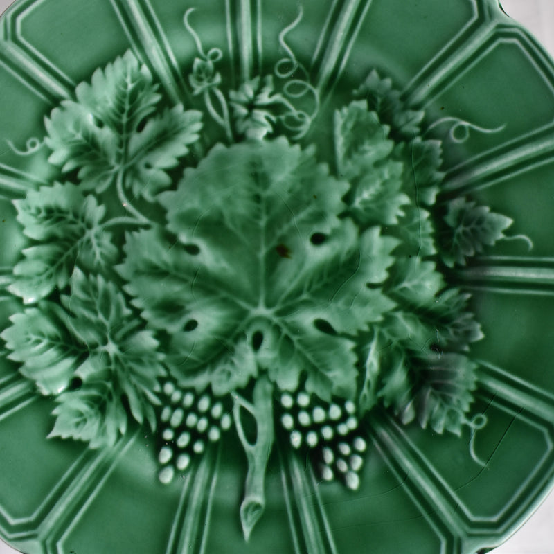 Antique Dessert Plate Sarreguemines Barbotine Green Vine E