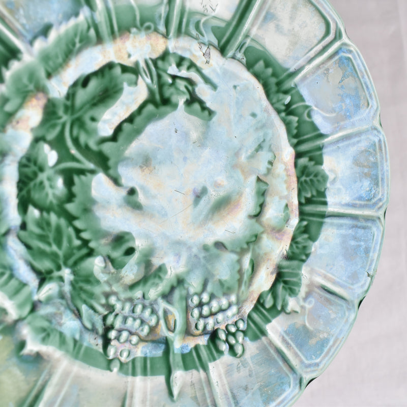 Antique Dessert Plate Sarreguemines Barbotine Green Vine E
