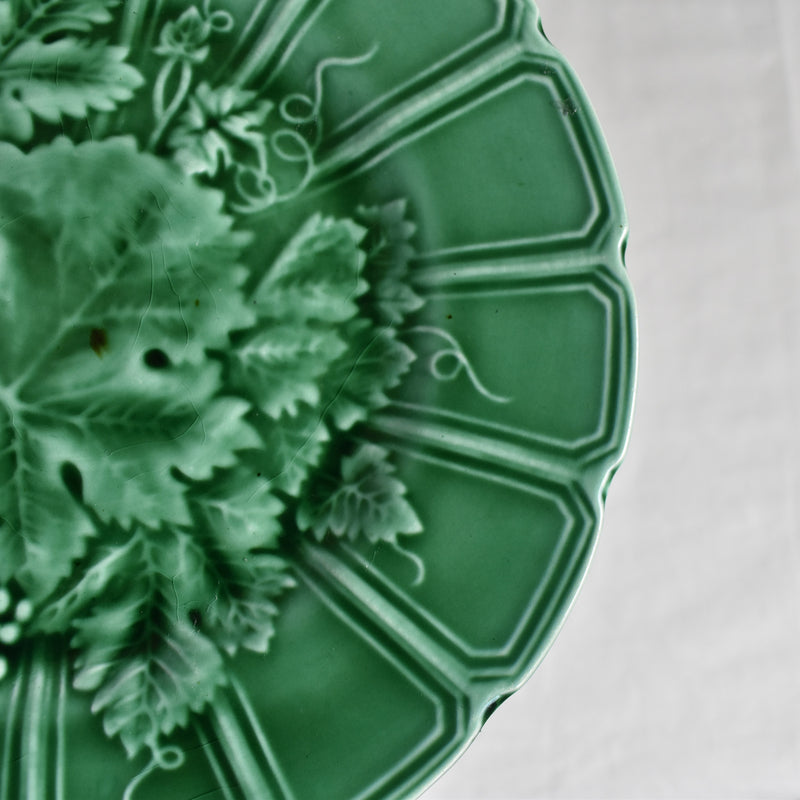 Antique Dessert Plate Sarreguemines Barbotine Green Vine E