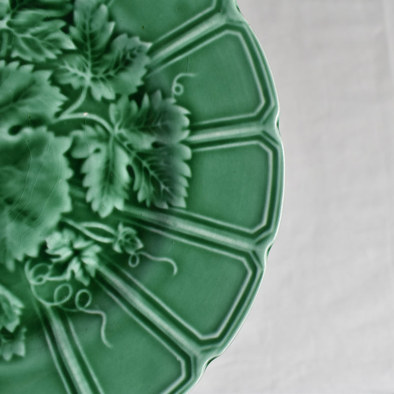 Antique Dessert Plate Sarreguemines Barbotine Green Vine E