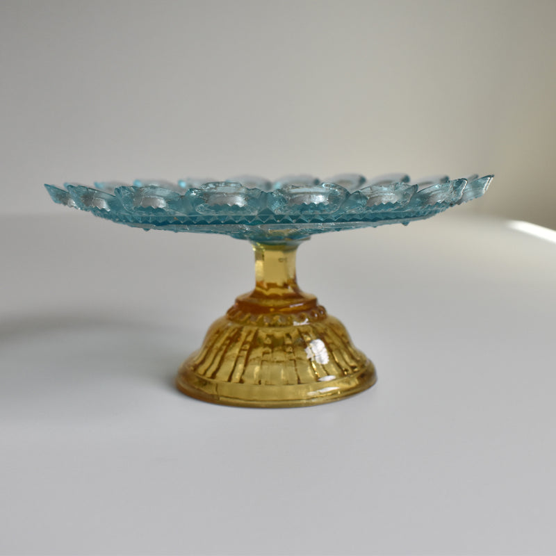 Antique Glass Dessert Coupe Portieux Blue & Amber