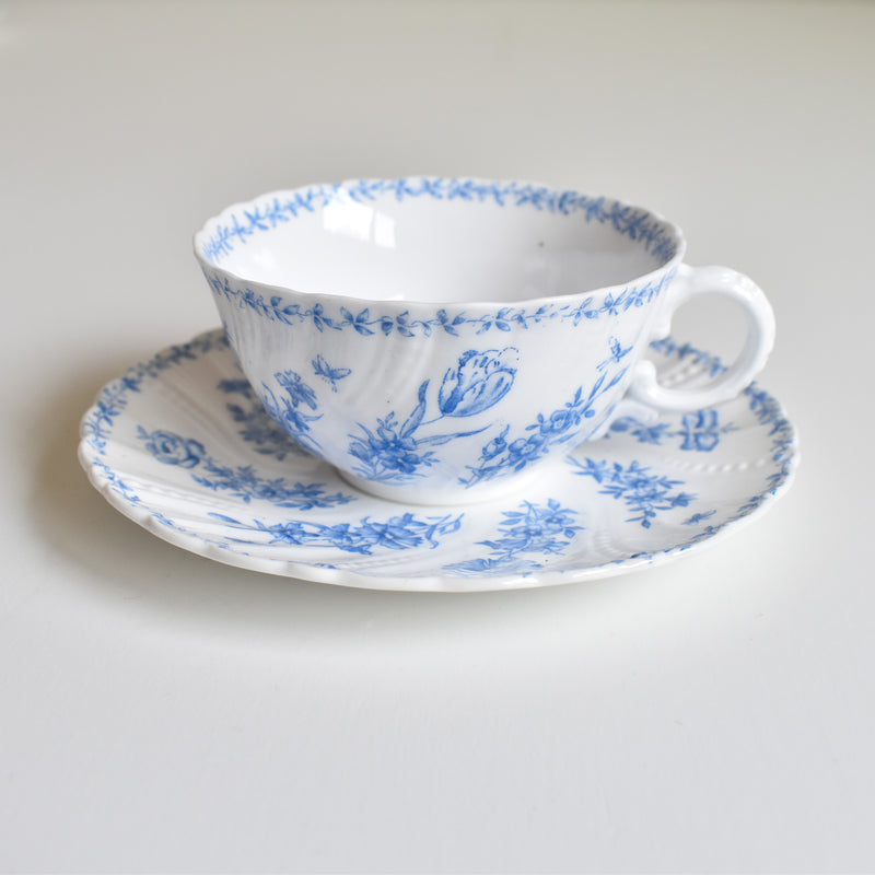 Antique Cup & Saucer Sarreguemines Perles Fleurs Bleues A