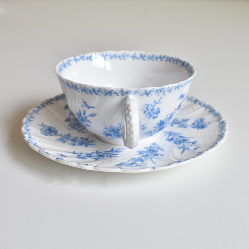 Antique Cup & Saucer Sarreguemines Perles Fleurs Bleues A